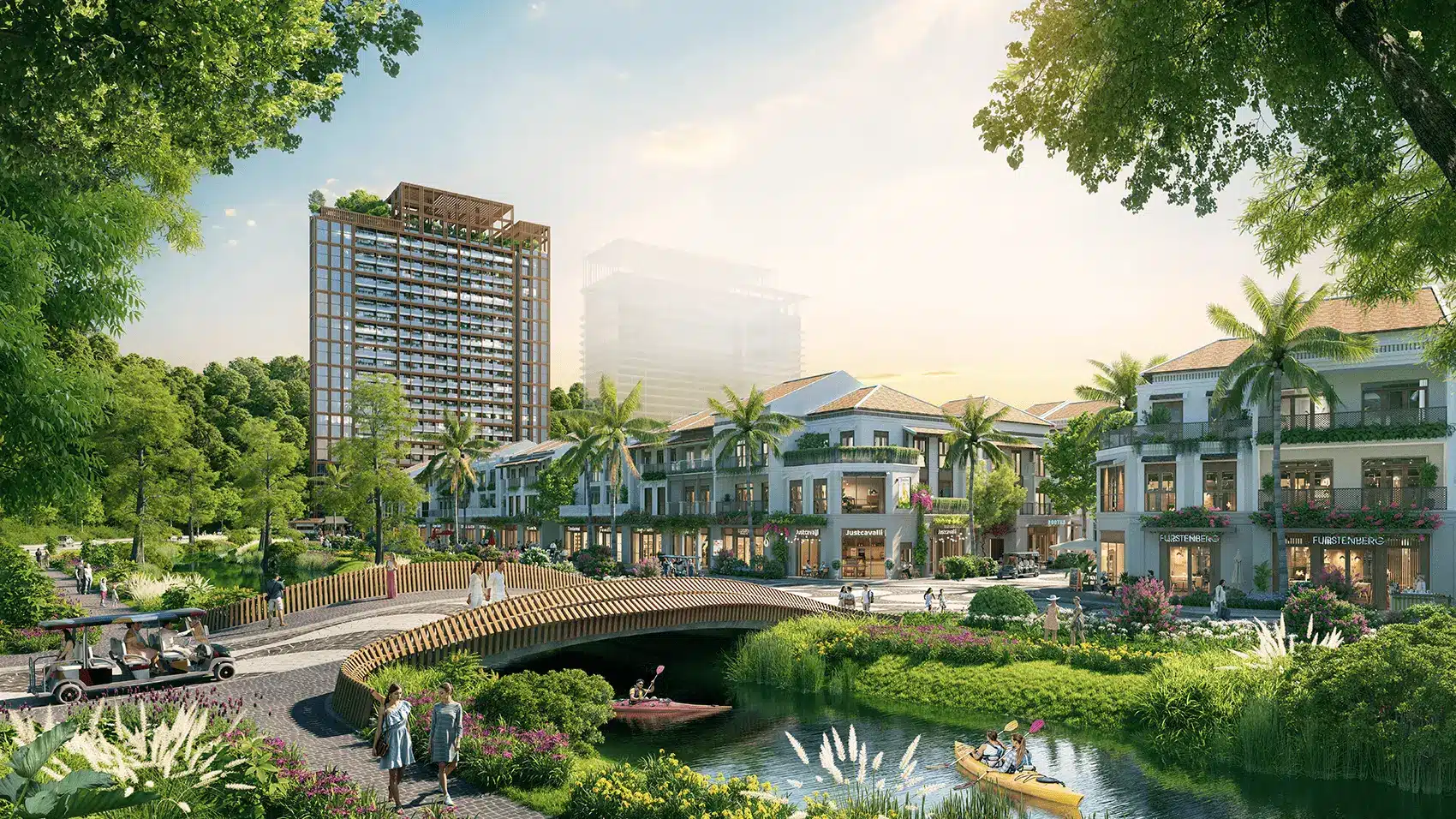 Một góc khu du lịch Xanh Island Cát Bà với cảnh quan xanh mát và kiến trúc hiện đại.