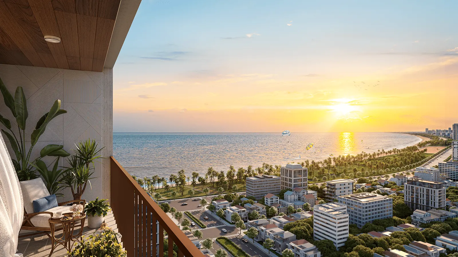 View hoàng hôn tuyệt đẹp từ ban công Sun Costa Residences Đà Nẵng, nơi bạn có thể ngắm biển Mỹ Khê mỗi ngày.