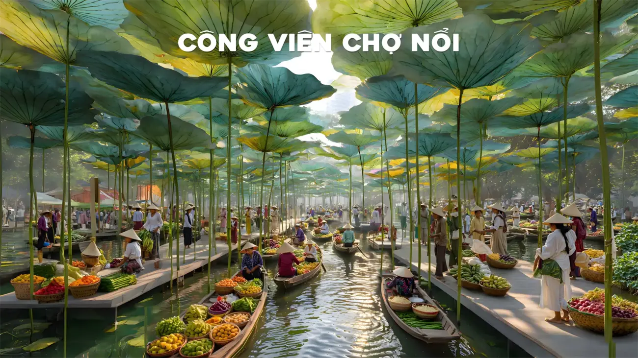 Chợ nổi trong công viên dưới tán lá sen khổng lồ, nơi giao thương nông sản đầy màu sắc.